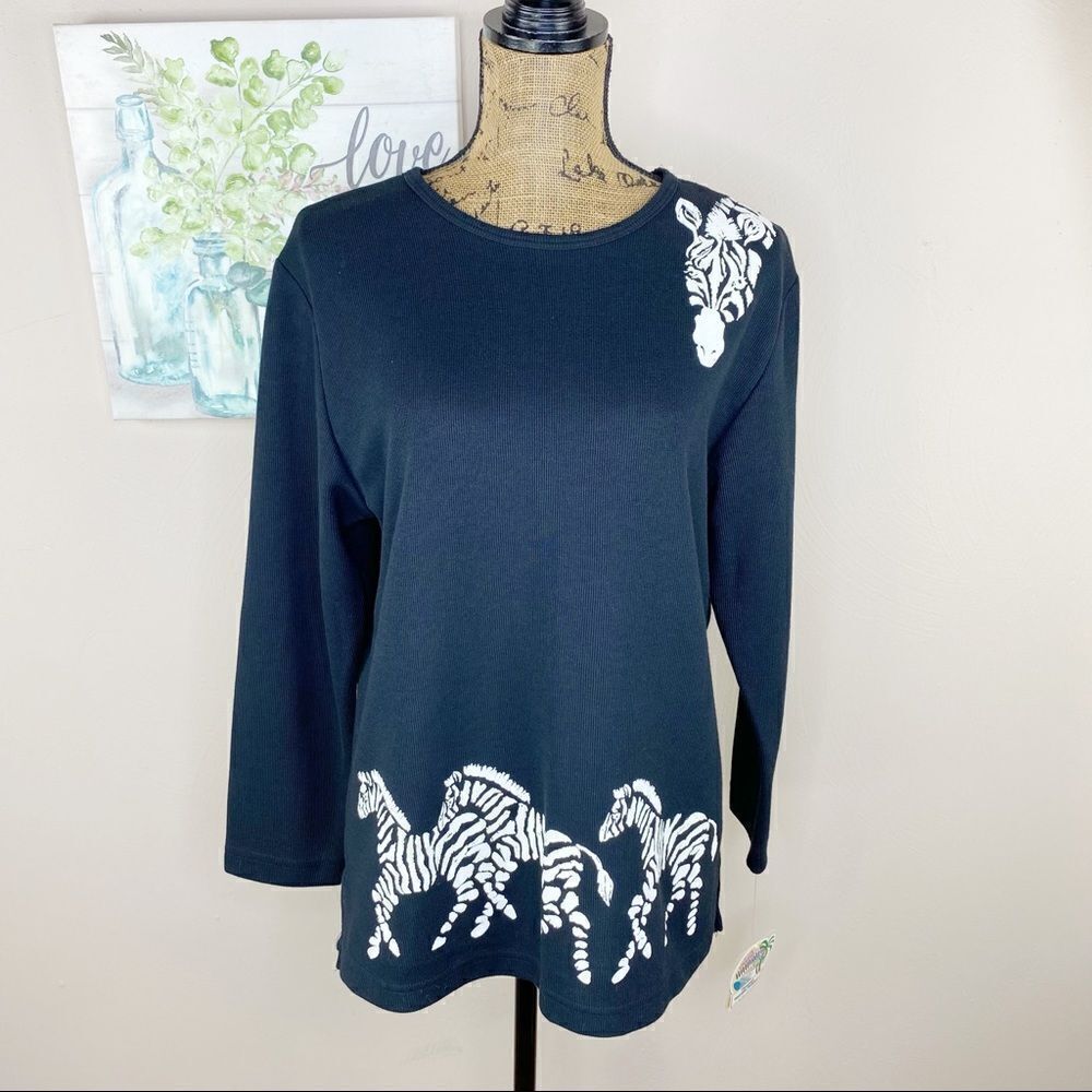 Teddi Zebras Print Ribbed Knit Pullover tunic Shirt‎ Black Small